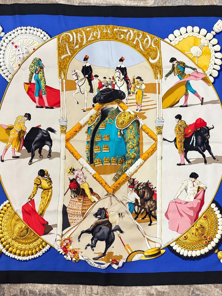 Vintage Hermes Silk Scarf Plaza De Toros Royal Blue Authentic Square Size